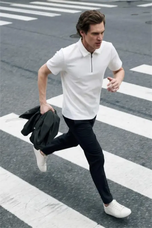Regular Fit Polo Shirt with Zipper Collar and Short Sleeves Off-White - 1