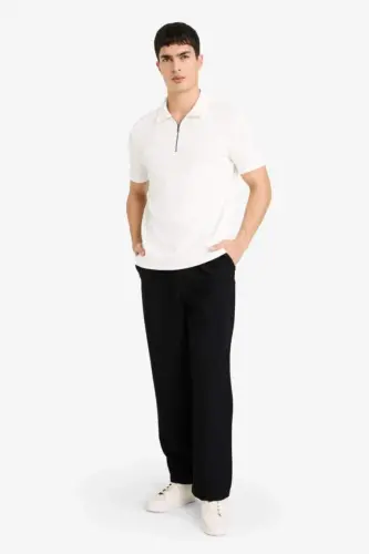 Regular Fit Polo Shirt with Zipper Collar and Short Sleeves Off-White - 3