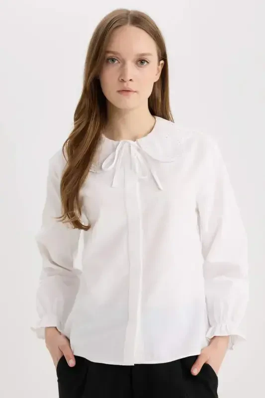 Regular Fit Poplin Long Sleeve Shirt Tunic-Off White - 7