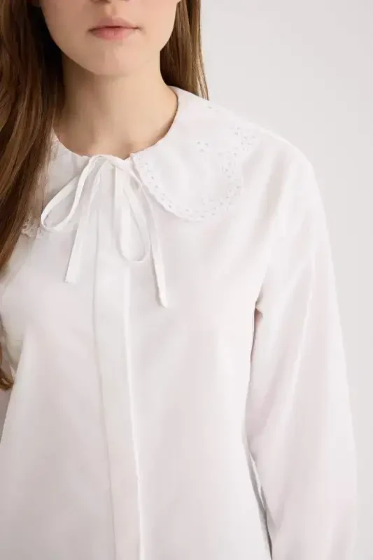 Regular Fit Poplin Uzun Kollu Gömlek Tunik-Kırık Beyaz - 8