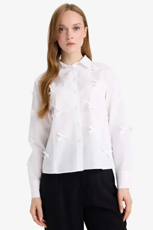 Regular Fit Fiyonklu Poplin Uzun Kollu Gömlek Tunik-Beyaz - 3