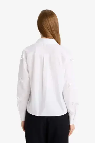 Regular Fit Fiyonklu Poplin Uzun Kollu Gömlek Tunik-Beyaz - 6