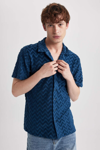 Regular Fit Printed Terrycloth Short Sleeve Shirt Indigo - 4