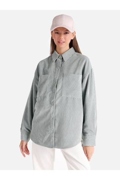 Regular Fit Ribbed Green Women's Long Sleeve Shirt - 1