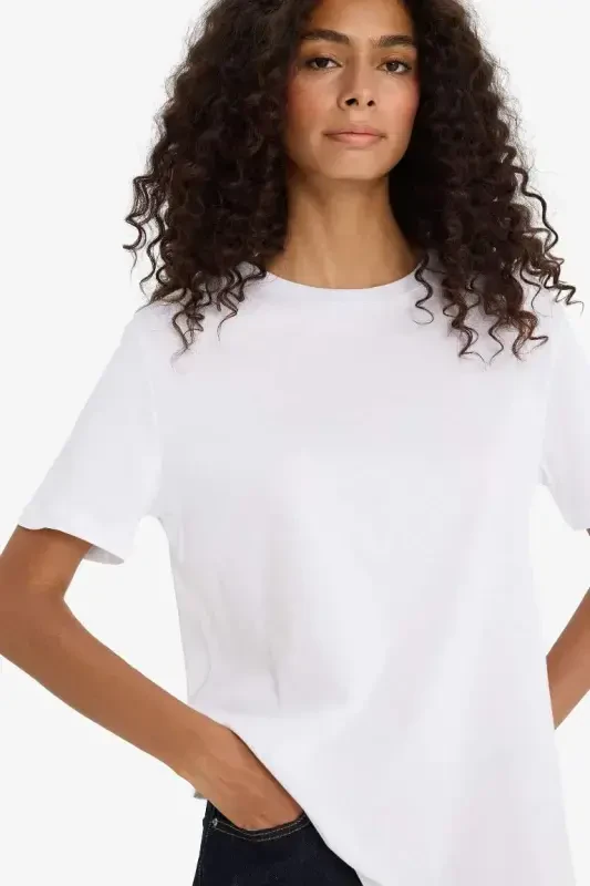 Regular Fit Round Neck Basic Plain Knit Short Sleeve T-Shirt White - 4