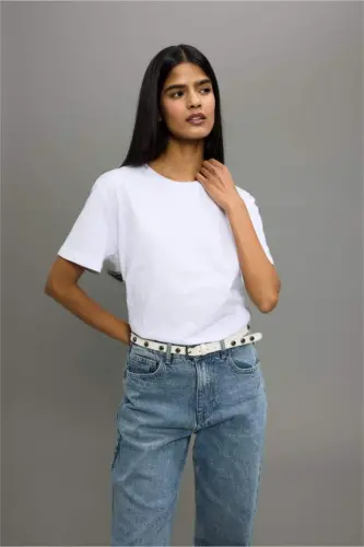 Regular Fit Round Neck Basic Plain Knit Short Sleeve T-Shirt White - 3