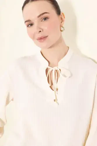 Regular Fit Рубашка с воротником апаш, длинные рукава - Экрю - 4