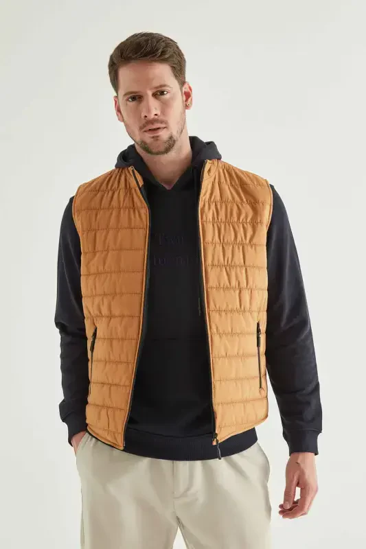 Regular Fit Safran Stand-Up Collar Fiber Filled Seasonal Zippered Padded Vest Jacket-SAFRAN - 1