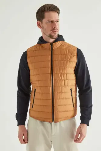 Regular Fit Safran Stand-Up Collar Fiber Filled Seasonal Zippered Padded Vest Jacket-SAFRAN - 3