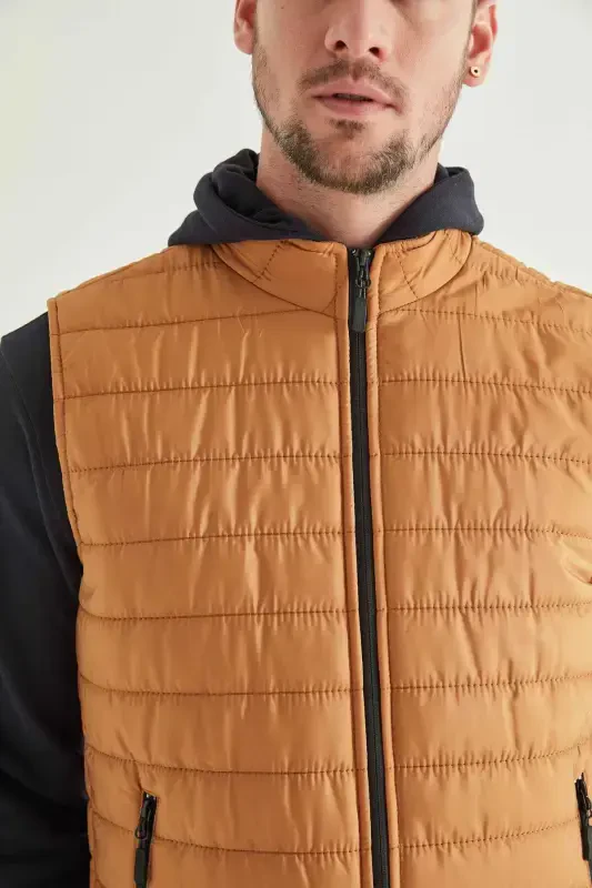 Regular Fit Safran Stand-Up Collar Fiber Filled Seasonal Zippered Padded Vest Jacket-SAFRAN - 4