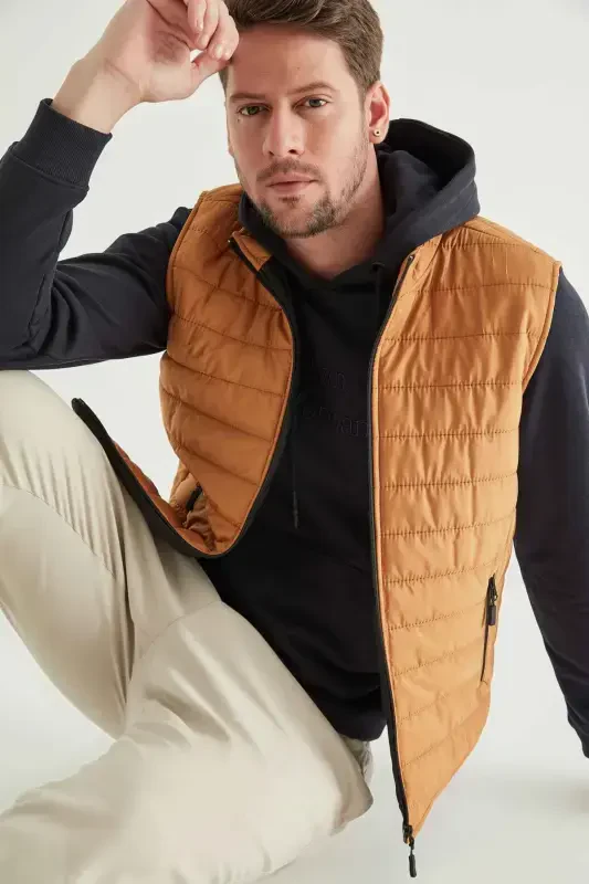 Regular Fit Safran Stand-Up Collar Fiber Filled Seasonal Zippered Padded Vest Jacket-SAFRAN - 5