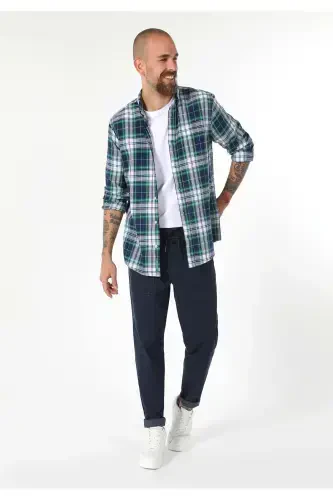 Regular Fit Shirt Neck Ekoseli Erkak Lachivert Uzun Kol Ko'ylak - 1