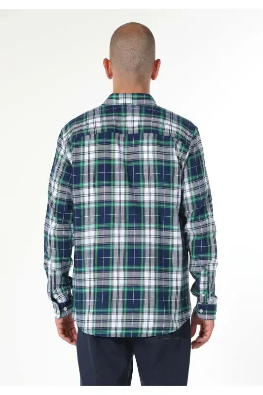 Regular Fit Shirt Neck Ekoseli Erkak Lachivert Uzun Kol Ko'ylak - 2