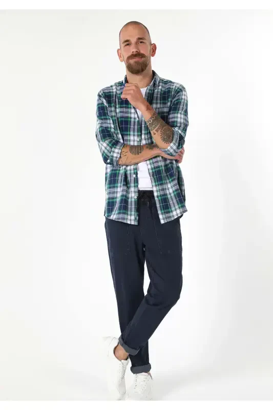 Regular Fit Shirt Neck Ekoseli Erkak Lachivert Uzun Kol Ko'ylak - 3