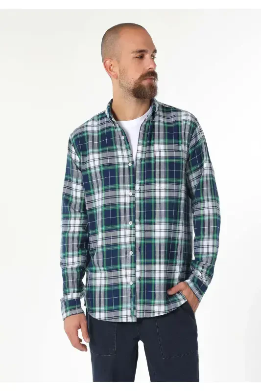 Regular Fit Shirt Neck Ekoseli Erkak Lachivert Uzun Kol Ko'ylak - 4