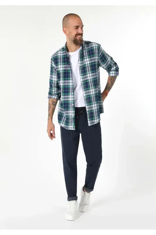 Regular Fit Shirt Neck Plaid Men's Navy Long Sleeve Shirt - COLIN’S