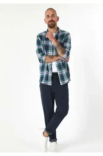 Regular Fit Shirt Neck Plaid Men's Navy Long Sleeve Shirt - 3