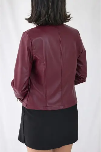 REGULAR FIT SHORT MAROON LEATHER JACKET - MAROON11 - 3
