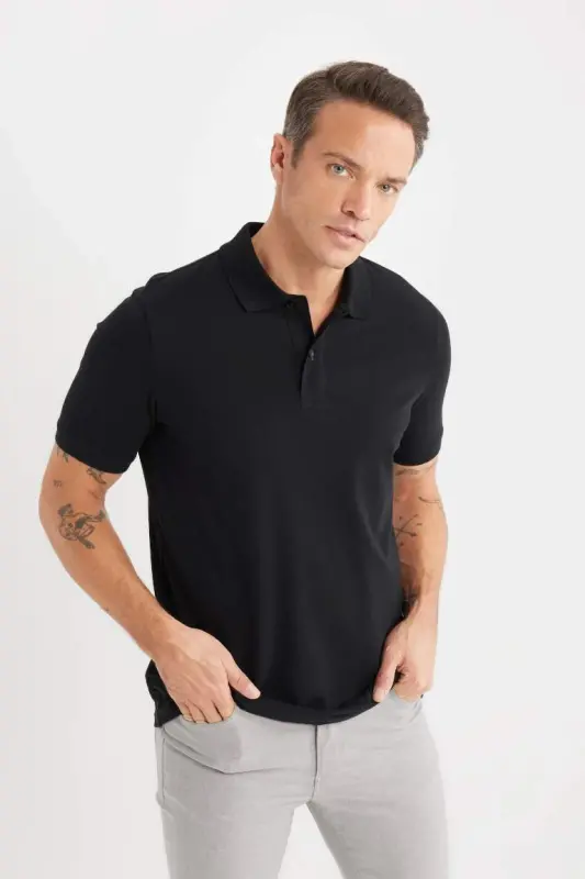 Regular Fit Short Sleeve Basic Plain Pique Fabric Polo Shirt-Black - 3