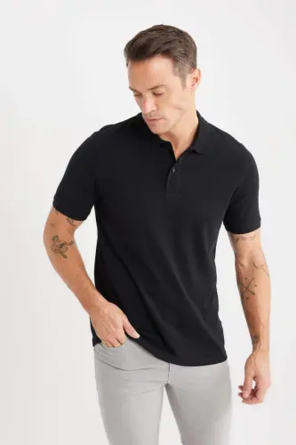 Regular Fit Short Sleeve Basic Plain Pique Fabric Polo Shirt-Black - 4