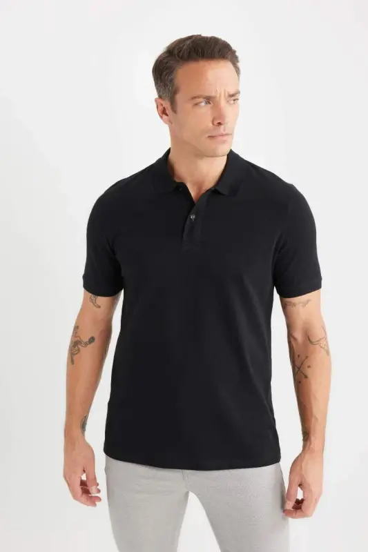 Regular Fit Short Sleeve Basic Plain Pique Fabric Polo Shirt-Black - 5