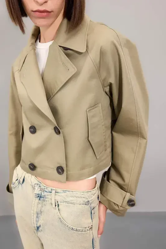 Regular Fit Short Trench Coat Shawl Collar Button Up Cotton - 4