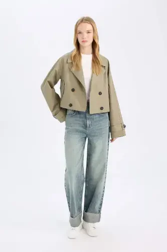 Regular Fit Short Trench Coat Shawl Collar Button Up Cotton - 7