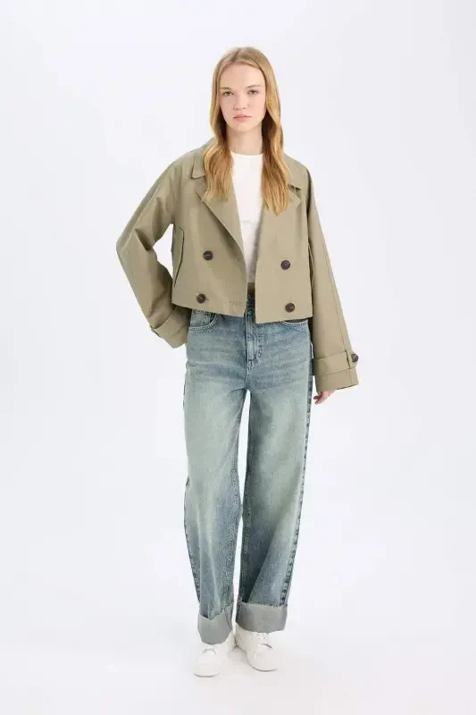 Regular Fit Short Trench Coat Shawl Collar Button Up Cotton - 7