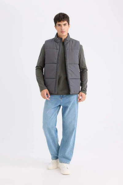 Regular Fit Stand Collar Zip-Up Puffer Vest Anthracite - 2