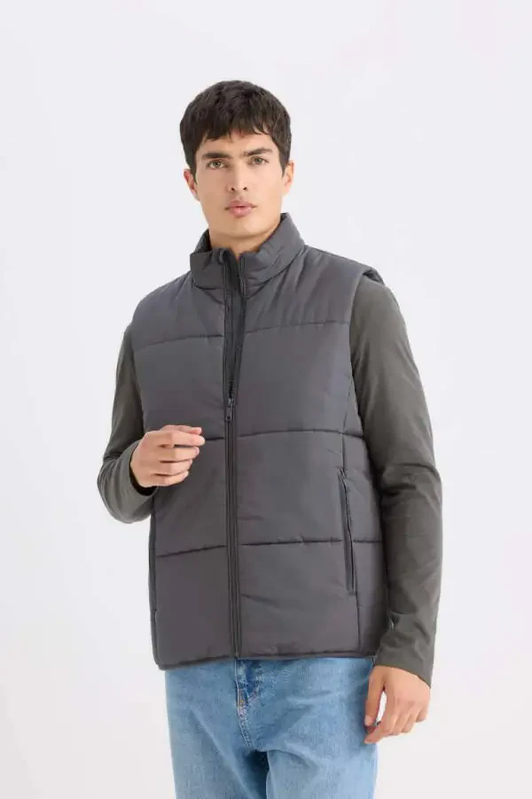 Regular Fit Stand Collar Zip-Up Puffer Vest Anthracite - 4