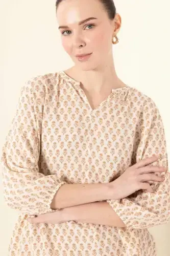 Regular Fit Stand-up Collar Glittery Fabric Long Sleeve Blouse-Light Camel - 1