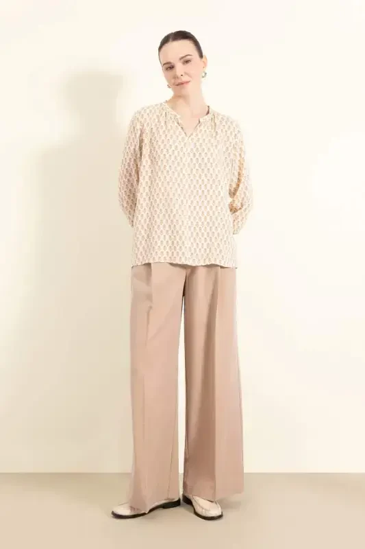 Regular Fit Stand-up Collar Glittery Fabric Long Sleeve Blouse-Light Camel - 2