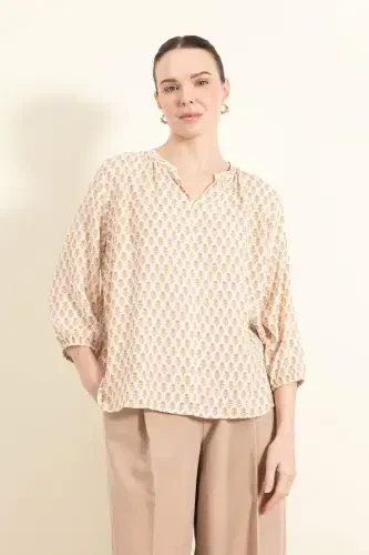 Regular Fit Stand-up Collar Glittery Fabric Long Sleeve Blouse-Light Camel - 3