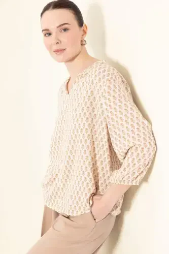 Regular Fit Stand-up Collar Glittery Fabric Long Sleeve Blouse-Light Camel - 4