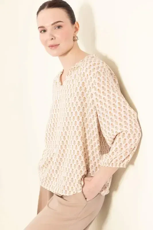 Regular Fit Stand-up Collar Glittery Fabric Long Sleeve Blouse-Light Camel - 4