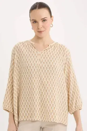 Regular Fit Stand-up Collar Glittery Fabric Long Sleeve Blouse-Light Camel - 5