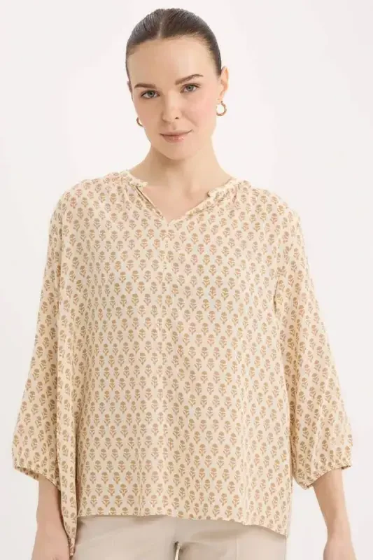 Regular Fit Stand-up Collar Glittery Fabric Long Sleeve Blouse-Light Camel - 5