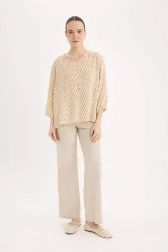 Regular Fit Stand-up Collar Glittery Fabric Long Sleeve Blouse-Light Camel - 6