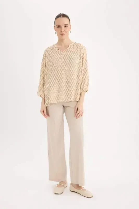 Regular Fit Stand-up Collar Glittery Fabric Long Sleeve Blouse-Light Camel - 6