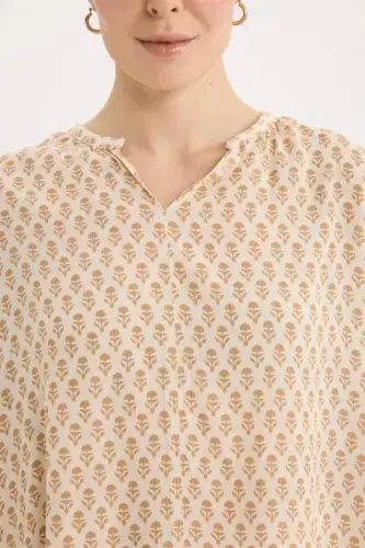 Regular Fit Stand-up Collar Glittery Fabric Long Sleeve Blouse-Light Camel - 8