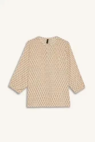 Regular Fit Stand-up Collar Glittery Fabric Long Sleeve Blouse-Light Camel - 10