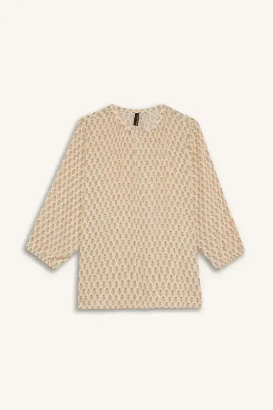 Regular Fit Stand-up Collar Glittery Fabric Long Sleeve Blouse-Light Camel - 10