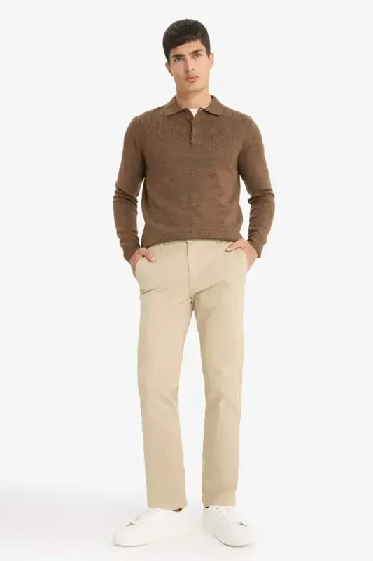 Regular Fit Straight Leg Summer Chino Canvas Trousers-Sand - 2