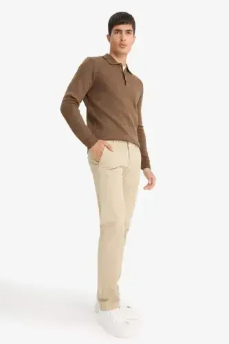 Regular Fit Straight Leg Summer Chino Canvas Trousers-Sand - 3