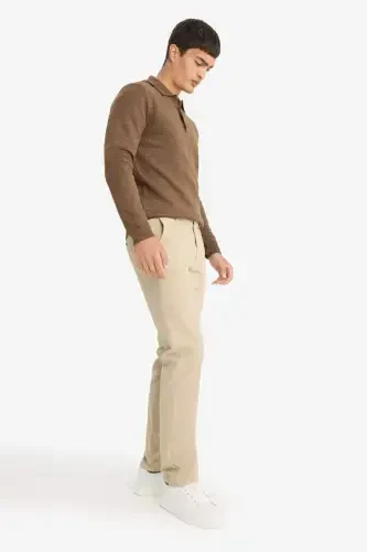 Regular Fit Straight Leg Summer Chino Canvas Trousers-Sand - 4