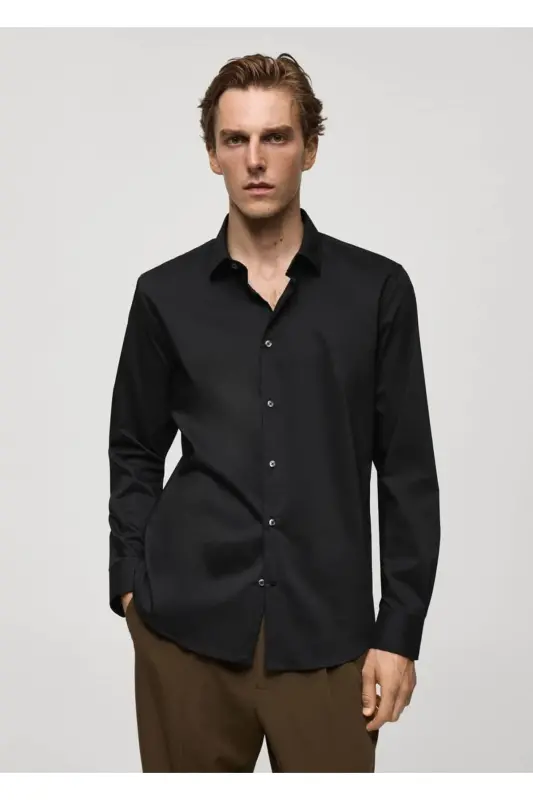 Regular fit stretch cotton shirt - Black - 1