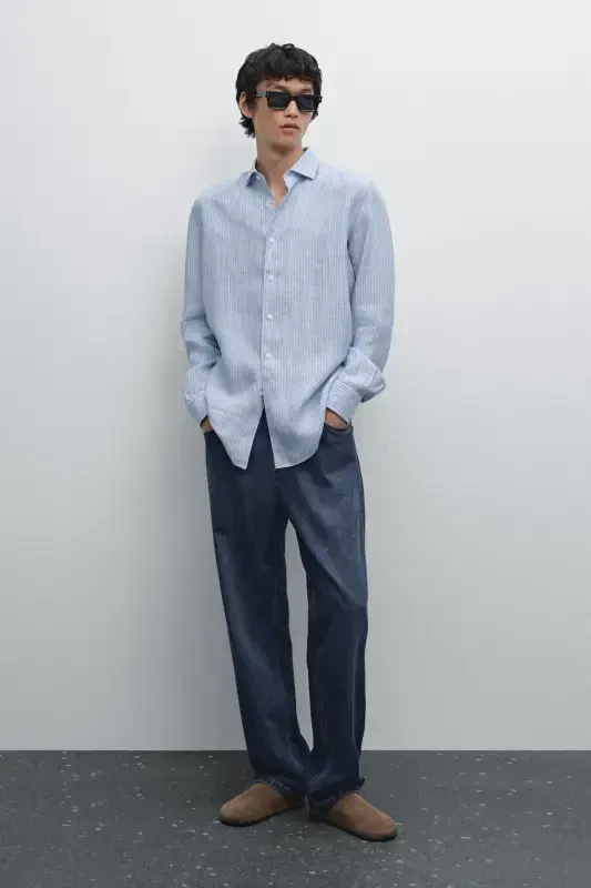 Regular fit striped 100% linen shirt - 3