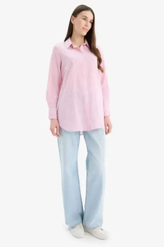 Regular Fit Striped Flannel Cotton Long Sleeve Shirt Tunic-Light Pink - 2