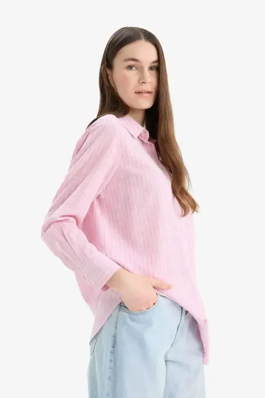 Regular Fit Striped Flannel Cotton Long Sleeve Shirt Tunic-Light Pink - 3