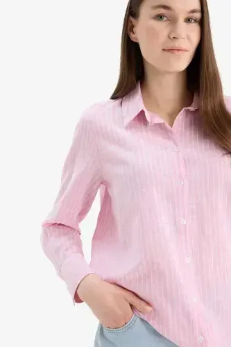 Regular Fit Striped Flannel Cotton Long Sleeve Shirt Tunic-Light Pink - 4